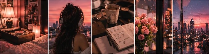 Moodboard: a cozy lamp-lit bedroom, sunset city, journal and coffee, pink flowers, rainy skyline