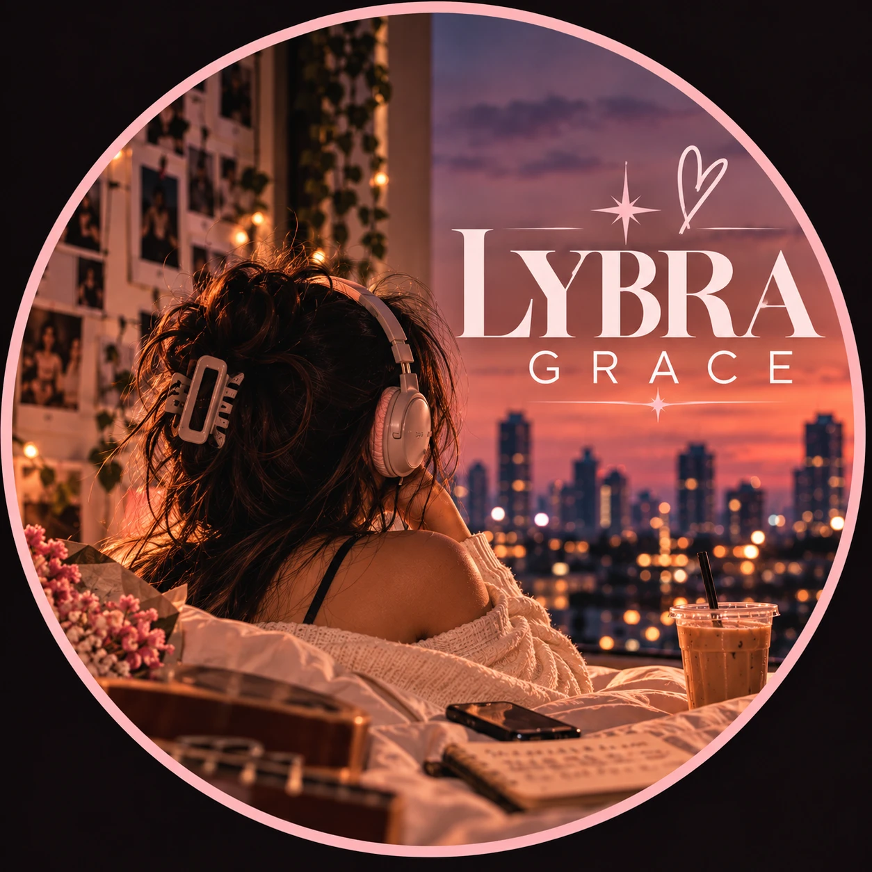 LYBRA GRACE — a girl in headphones watching the city sunset